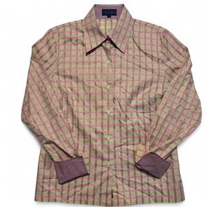 J. McLaughlin Sz 8 Pink Green Windowpane Check Button Shirt Contrast Cuffs Italy